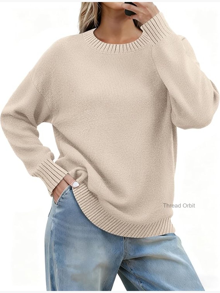 Long Sleeve Crewneck Ribbed Knit Pullover Sweater Loose Fit
